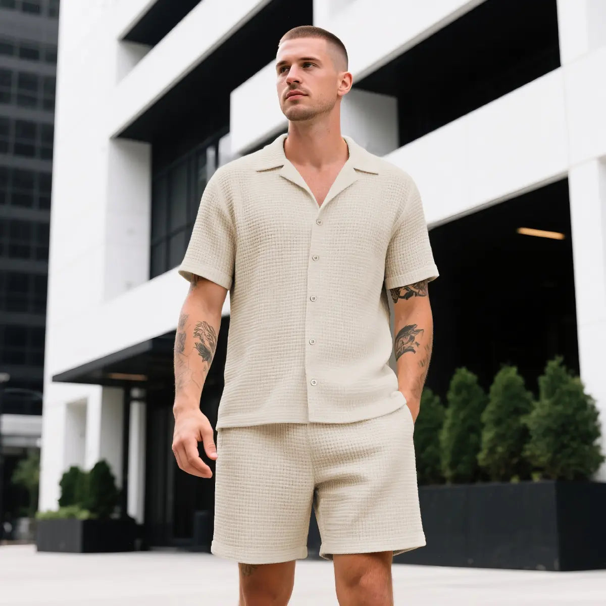 GINGTTO Men'S 2 Piece Outfits Waffle Knit Shorts Sets Summer Button down Shirt Top and Shorts Set Casual Tracksuit Fathersdaygift