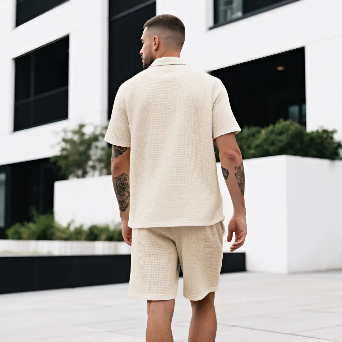 GINGTTO Men'S 2 Piece Outfits Waffle Knit Shorts Sets Summer Button down Shirt Top and Shorts Set Casual Tracksuit Fathersdaygift