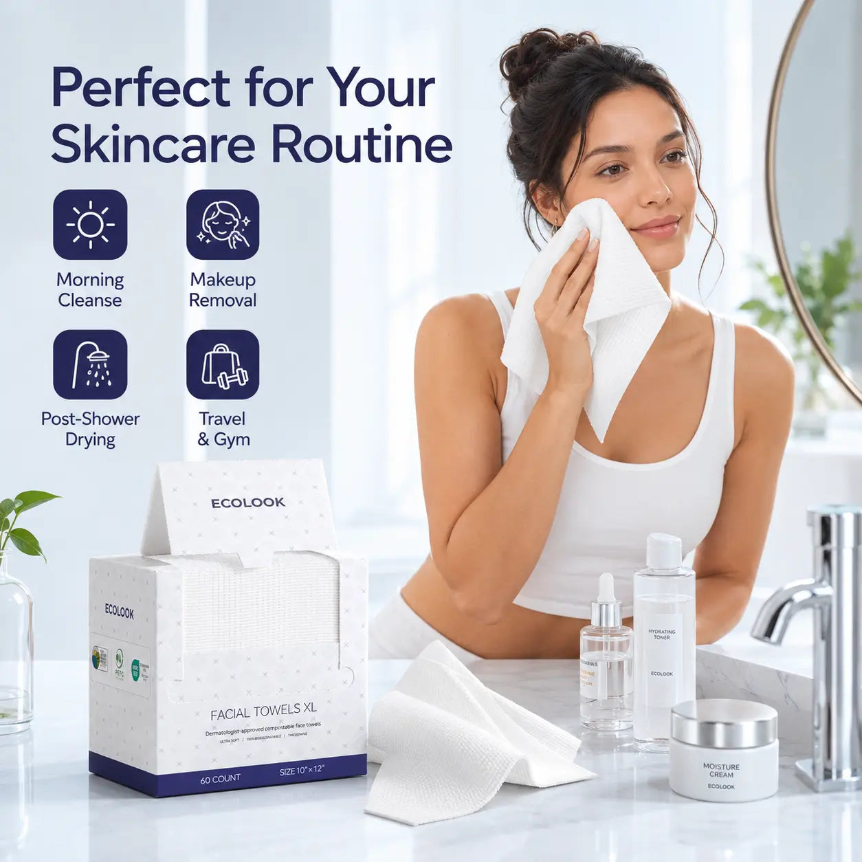 ECOLOOK Disposable Face Towel XL-60 Count Upgraded Thick Facial Towels, Ultra Soft Clean Face Towels Disposable, 10"X12" & 90 GSM, Ideal for Sensitive Skin​-1 PACK