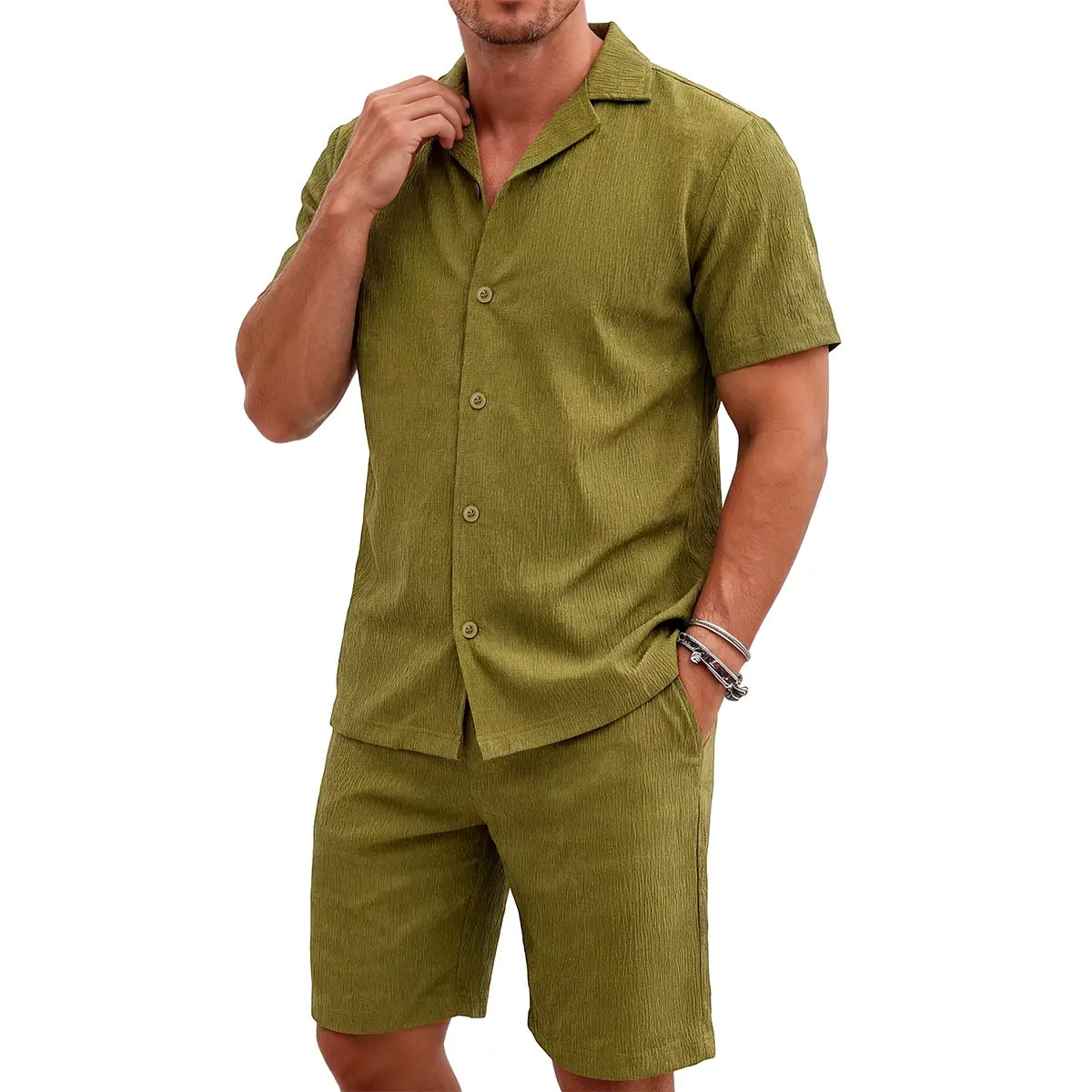 GINGTTO Men'S 2 Piece Outfits Waffle Knit Shorts Sets Summer Button down Shirt Top and Shorts Set Casual Tracksuit Fathersdaygift