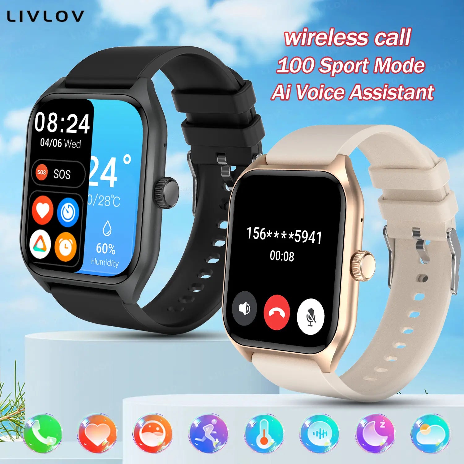 Wearable Smart Watch, with Call Function 100+ Sports Modes DIY Watch Messages Reminder Multifunctional Wristwatch for Men Women