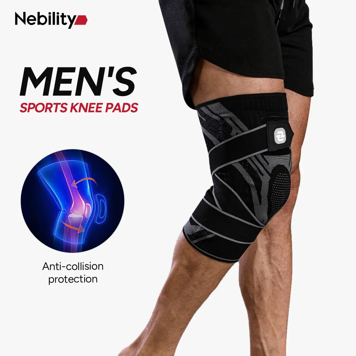 Nebility Mens Adjustable Compression Knee Brace with 360° Seamless Breathable Support, Non-Slip Design, Shock-Absorbing Pad, Elastic 4-Way Stretch Knit for Running, Hiking, Fitness and Knee Protection，Fathersdaygift
