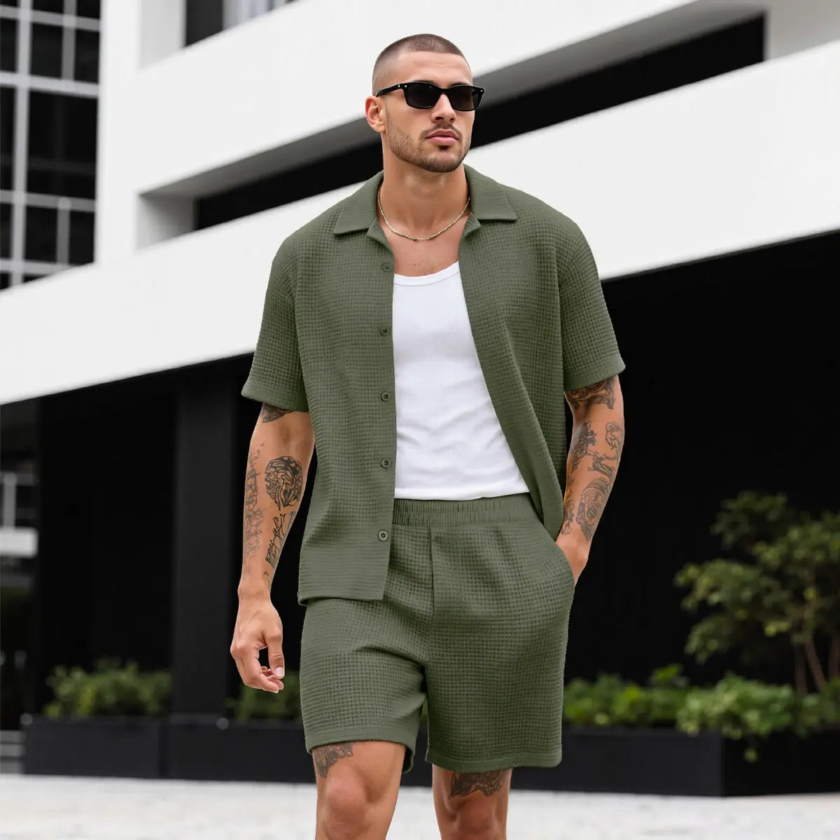 GINGTTO Men'S 2 Piece Outfits Waffle Knit Shorts Sets Summer Button down Shirt Top and Shorts Set Casual Tracksuit Fathersdaygift