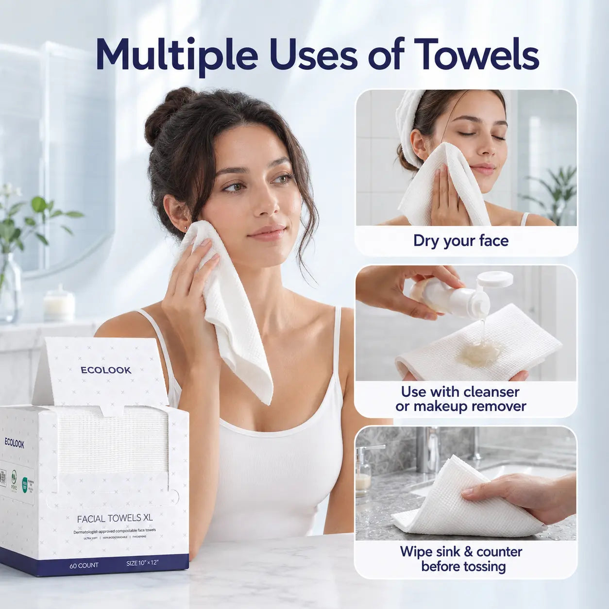 ECOLOOK Disposable Face Towel XL-60 Count Upgraded Thick Facial Towels, Ultra Soft Clean Face Towels Disposable, 10"X12" & 90 GSM, Ideal for Sensitive Skin​-1 PACK