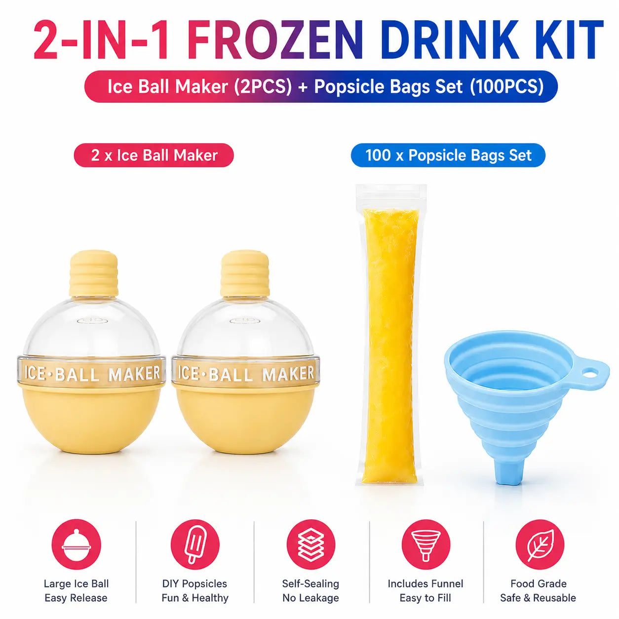 100PCS Popsicle Mold Bags - Leakproof Zip-Seal Disposable Freezer Tubes with Silicone Funnel, Kitchen Utensil for Juice, Smoothies (Kitchenware Ice Cream Gadget)