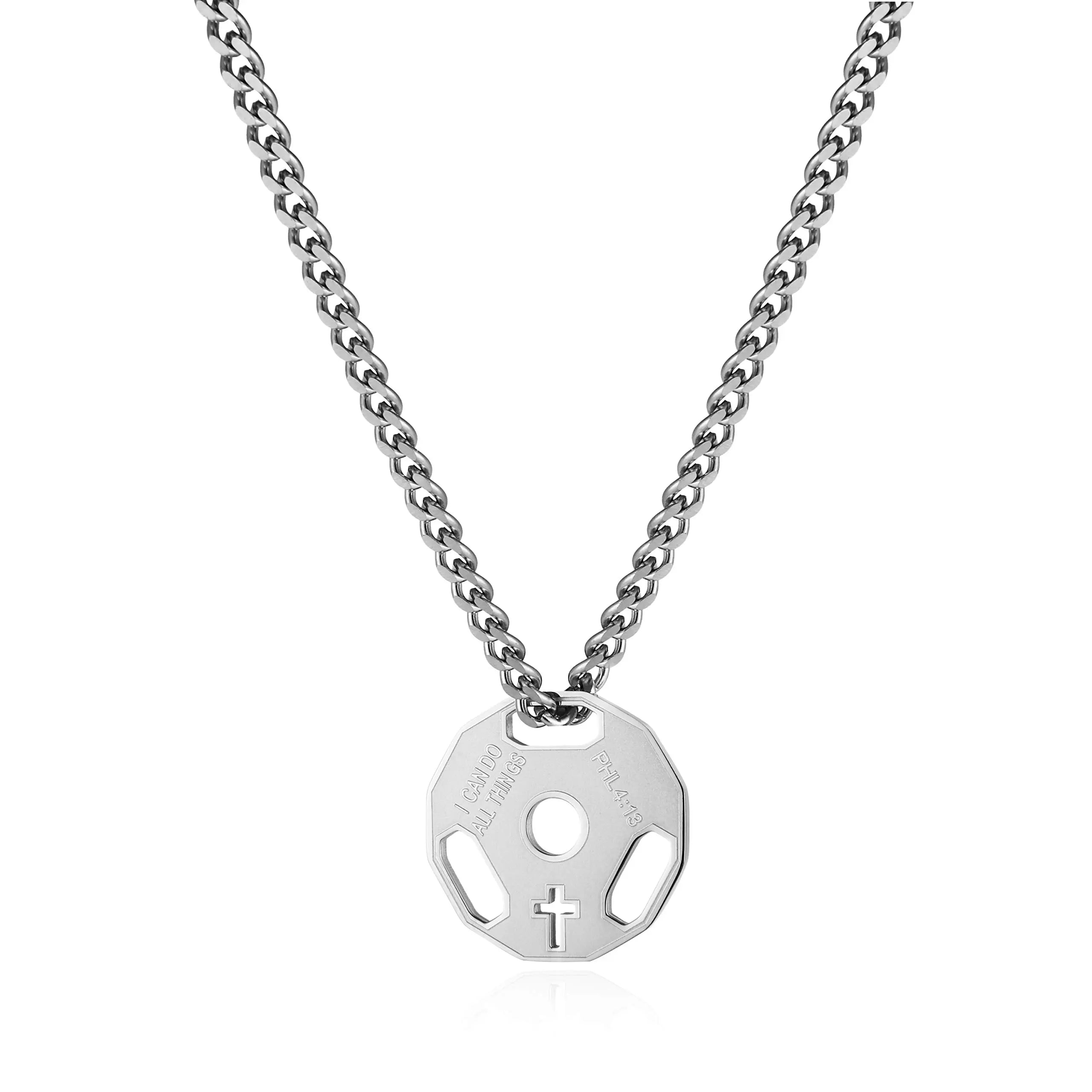 HZMAN Mens Fashion Stainless Steel Fitness Gym Dumbbell Weight Plate Barbell Chain Pendant Necklace
