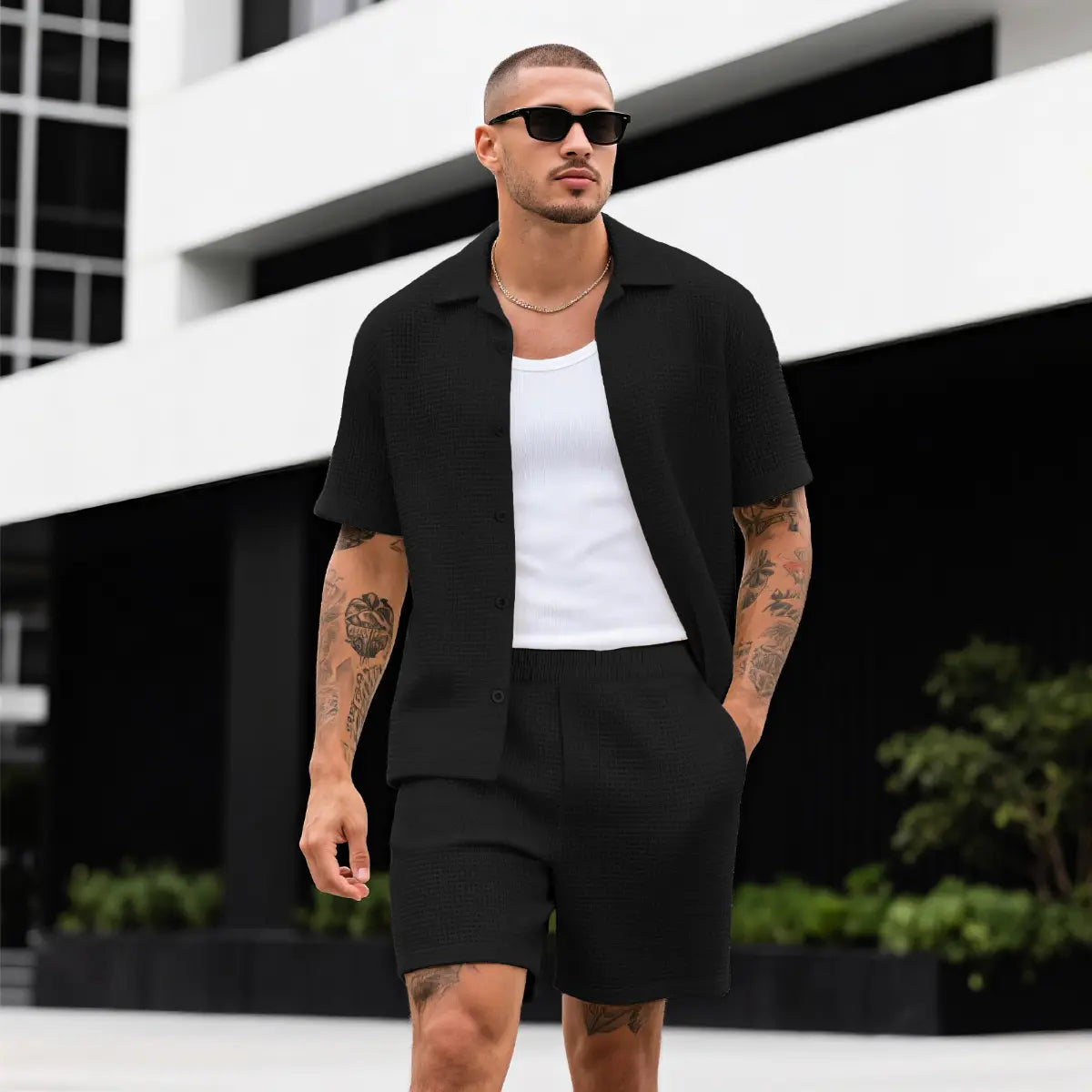GINGTTO Men'S 2 Piece Outfits Waffle Knit Shorts Sets Summer Button down Shirt Top and Shorts Set Casual Tracksuit Fathersdaygift