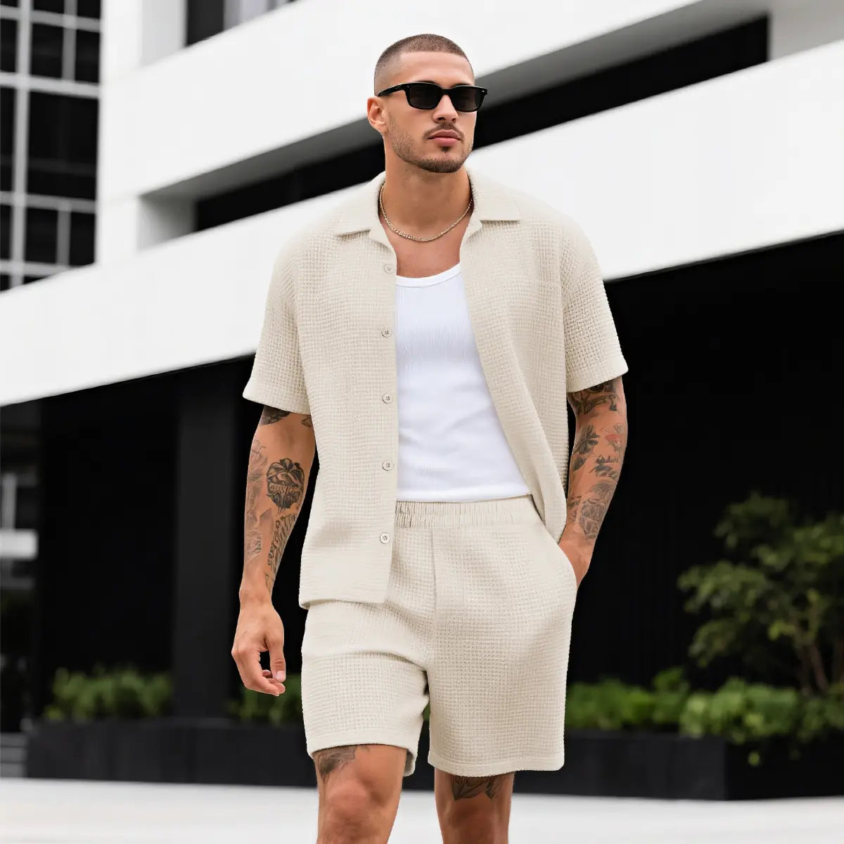 GINGTTO Men'S 2 Piece Outfits Waffle Knit Shorts Sets Summer Button down Shirt Top and Shorts Set Casual Tracksuit Fathersdaygift