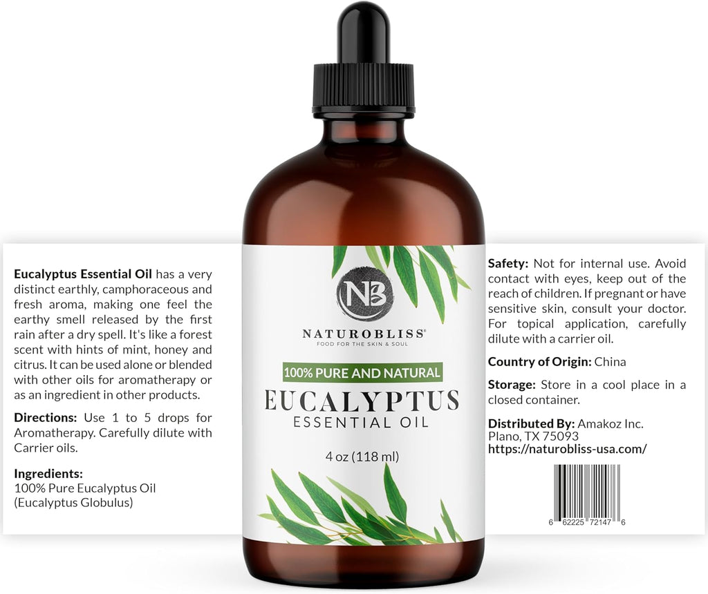 Eucalyptus Essential Oil with Glass Dropper - 100% Pure and Natural - Essential Oils for Diffuser, Aromatherapy, Soap and Candle Making, Eucalyptus Essential Oil, Eucalyptus Oil, 4 Fl Oz