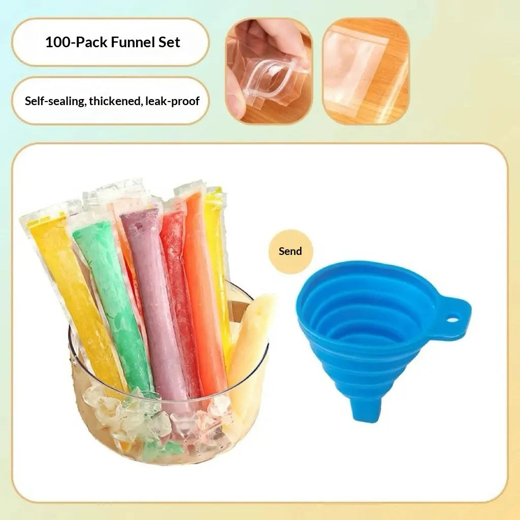100PCS Popsicle Mold Bags - Leakproof Zip-Seal Disposable Freezer Tubes with Silicone Funnel, Kitchen Utensil for Juice, Smoothies (Kitchenware Ice Cream Gadget)
