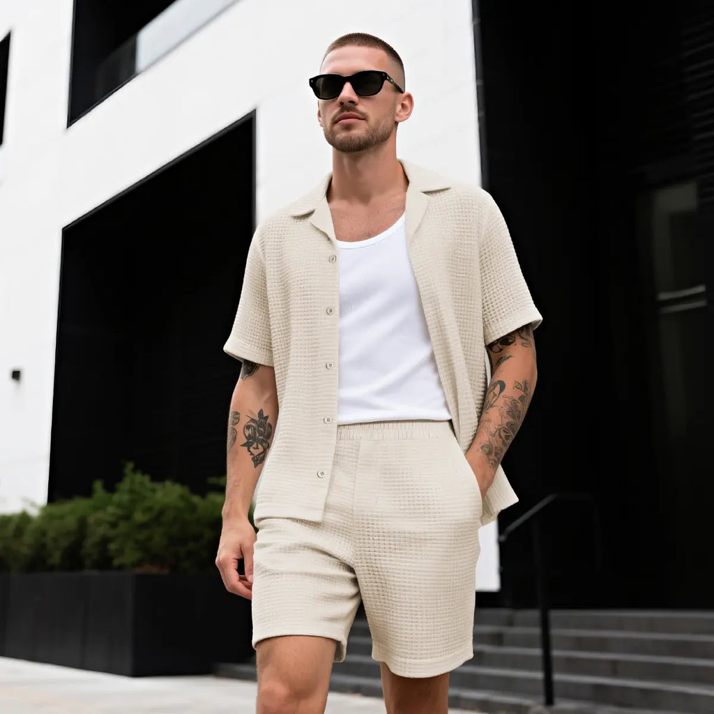 GINGTTO Men'S 2 Piece Outfits Waffle Knit Shorts Sets Summer Button down Shirt Top and Shorts Set Casual Tracksuit Fathersdaygift