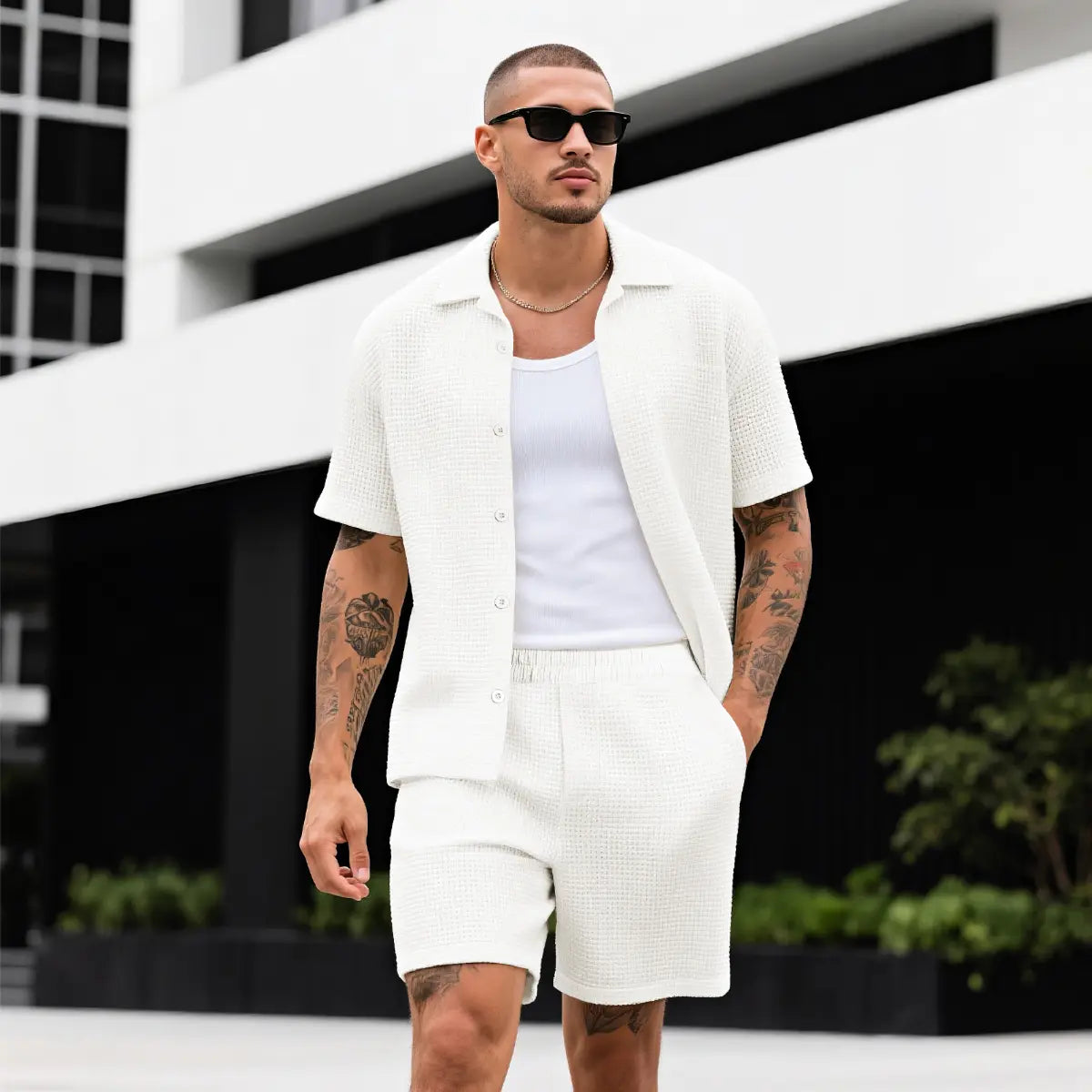 GINGTTO Men'S 2 Piece Outfits Waffle Knit Shorts Sets Summer Button down Shirt Top and Shorts Set Casual Tracksuit Fathersdaygift