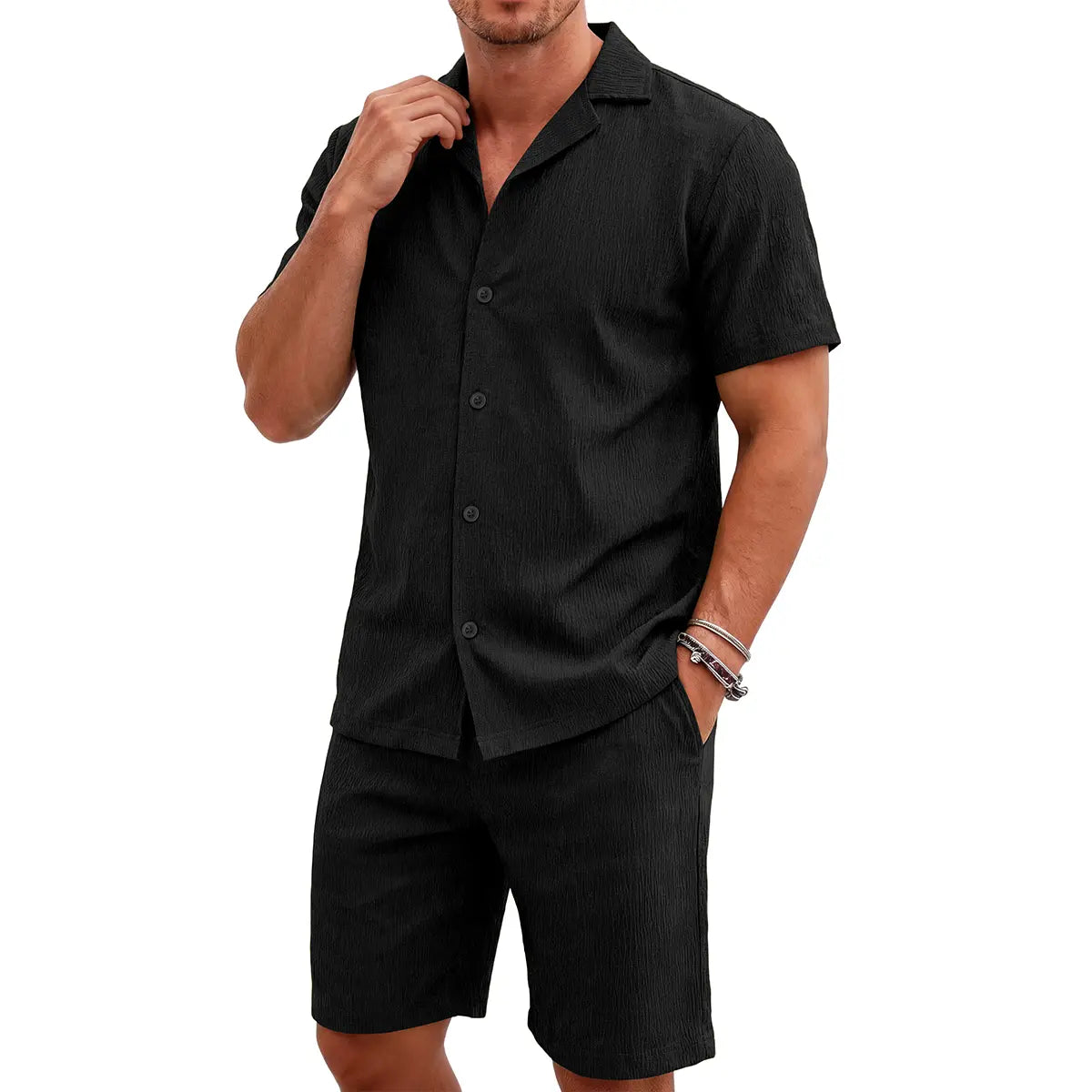 GINGTTO Men'S 2 Piece Outfits Waffle Knit Shorts Sets Summer Button down Shirt Top and Shorts Set Casual Tracksuit Fathersdaygift