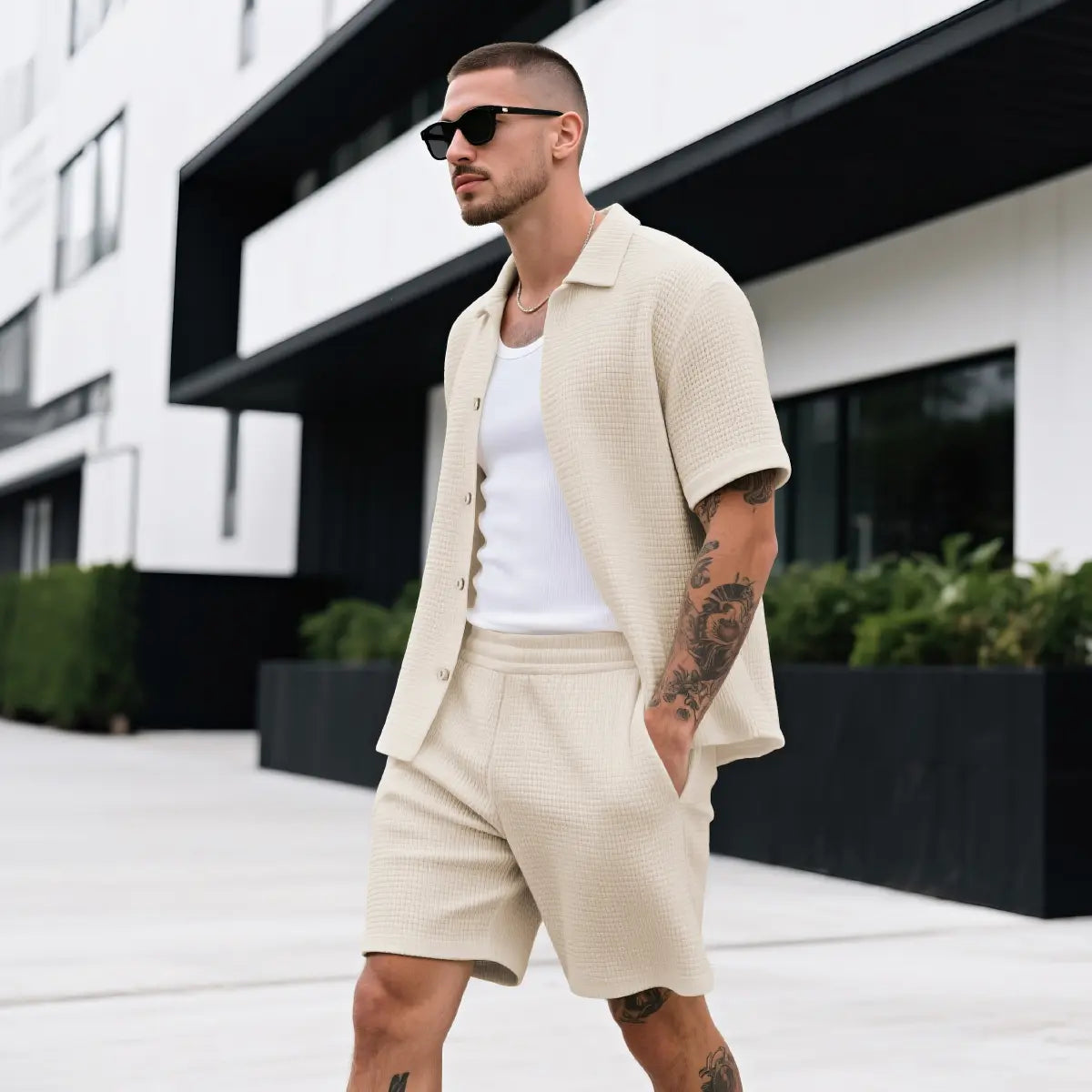 GINGTTO Men'S 2 Piece Outfits Waffle Knit Shorts Sets Summer Button down Shirt Top and Shorts Set Casual Tracksuit Fathersdaygift