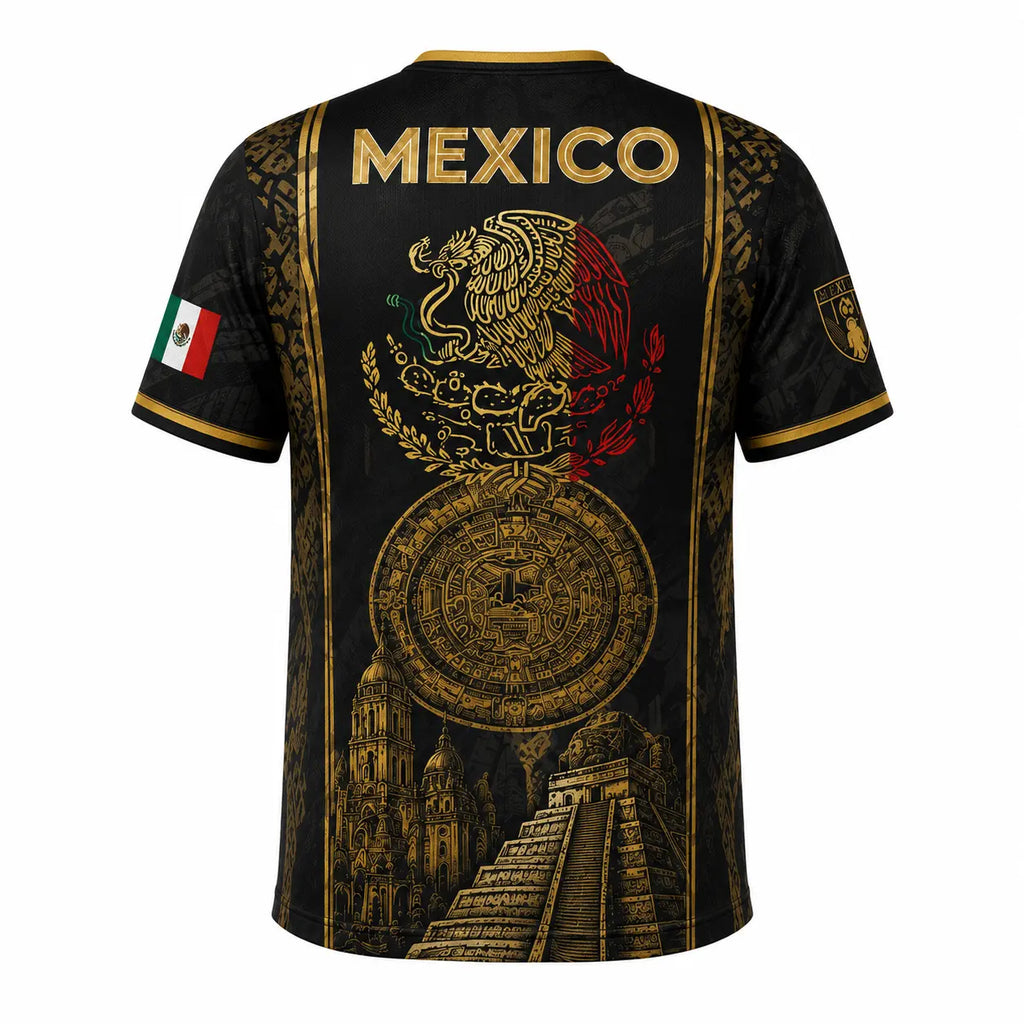 Retro Mexican 2026 Soccer Jersey for Men & Women, V-Neck Football Tee with Black Gold Aztec Eagle Print, Breathable All over Print Casual Sports Top, Jersey Shirts