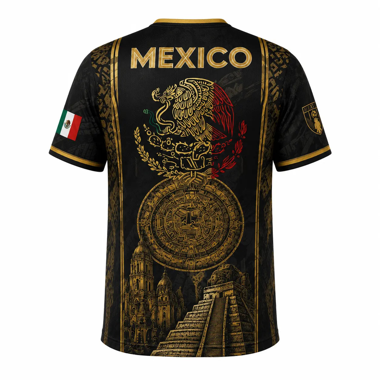 Retro Mexican 2026 Soccer Jersey for Men & Women, V-Neck Football Tee with Black Gold Aztec Eagle Print, Breathable All over Print Casual Sports Top, Jersey Shirts