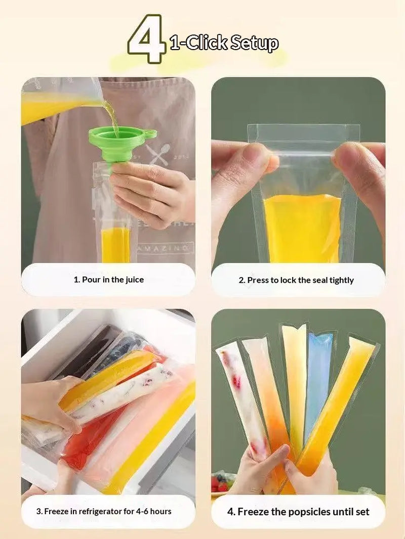 100PCS Popsicle Mold Bags - Leakproof Zip-Seal Disposable Freezer Tubes with Silicone Funnel, Kitchen Utensil for Juice, Smoothies (Kitchenware Ice Cream Gadget)