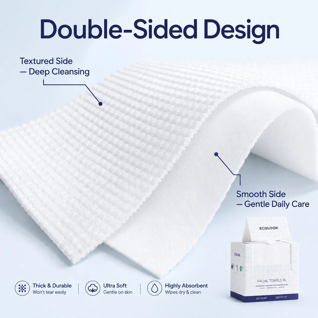 ECOLOOK Disposable Face Towel XL-60 Count Upgraded Thick Facial Towels, Ultra Soft Clean Face Towels Disposable, 10"X12" & 90 GSM, Ideal for Sensitive Skin​-1 PACK