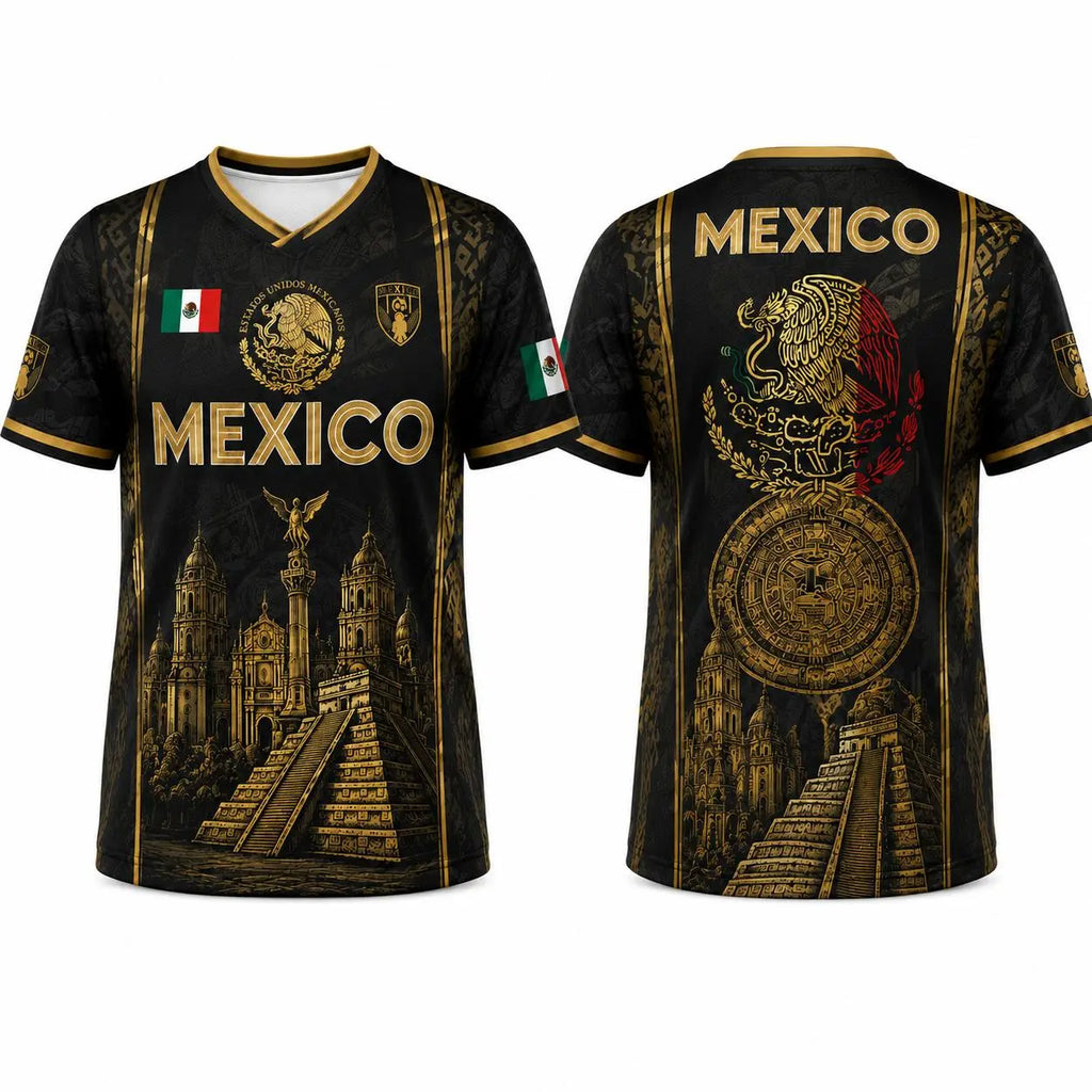 Retro Mexican 2026 Soccer Jersey for Men & Women, V-Neck Football Tee with Black Gold Aztec Eagle Print, Breathable All over Print Casual Sports Top, Jersey Shirts