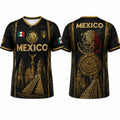 Retro Mexican 2026 Soccer Jersey for Men & Women, V-Neck Football Tee with Black Gold Aztec Eagle Print, Breathable All over Print Casual Sports Top, Jersey Shirts