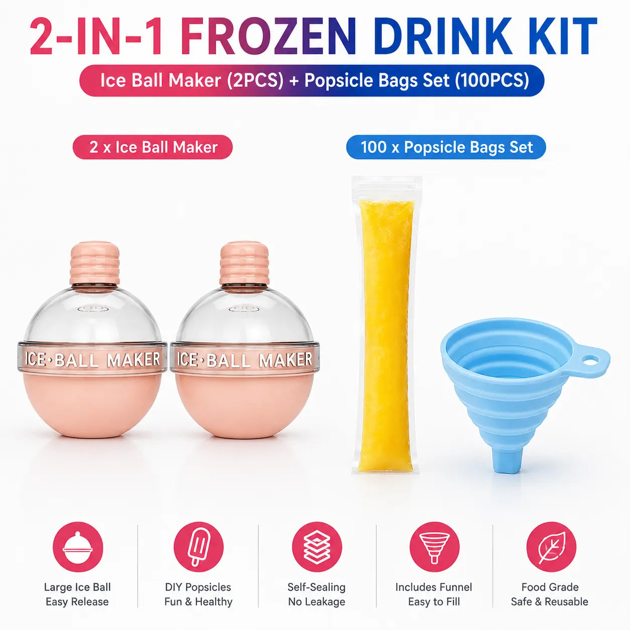 100PCS Popsicle Mold Bags - Leakproof Zip-Seal Disposable Freezer Tubes with Silicone Funnel, Kitchen Utensil for Juice, Smoothies (Kitchenware Ice Cream Gadget)