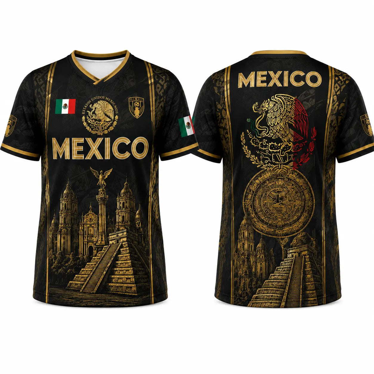 Retro Mexican 2026 Soccer Jersey for Men & Women, V-Neck Football Tee with Black Gold Aztec Eagle Print, Breathable All over Print Casual Sports Top, Jersey Shirts