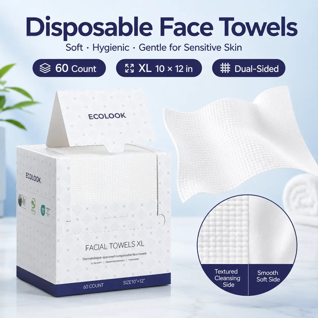ECOLOOK Disposable Face Towel XL-60 Count Upgraded Thick Facial Towels, Ultra Soft Clean Face Towels Disposable, 10"X12" & 90 GSM, Ideal for Sensitive Skin​-1 PACK