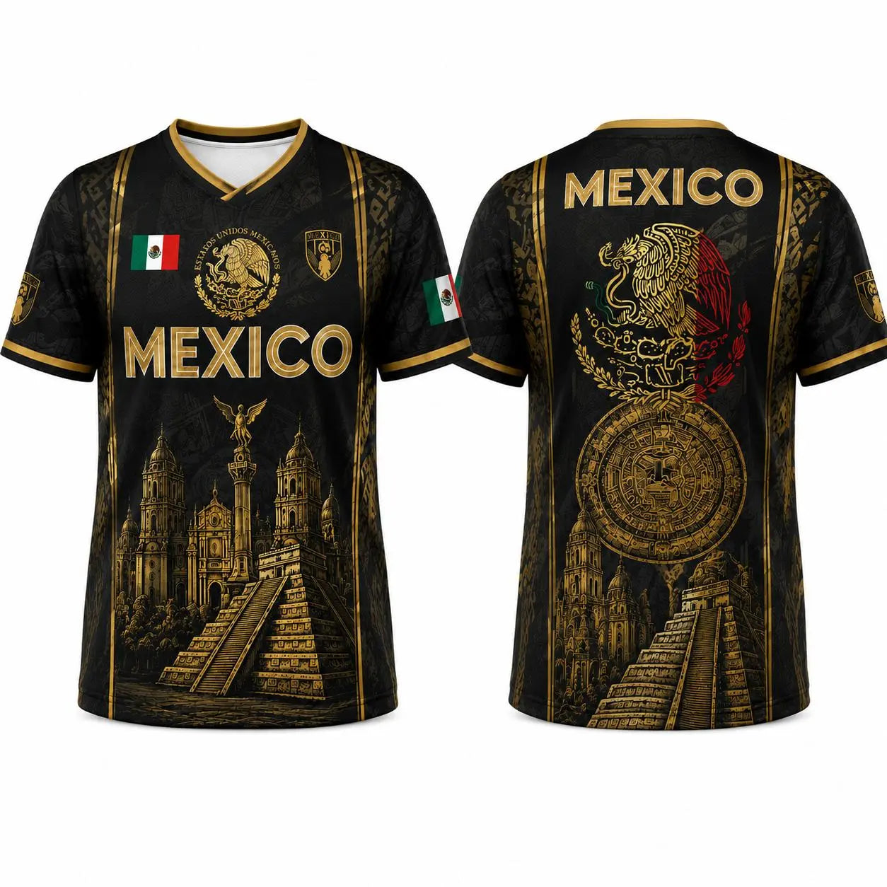 Retro Mexican 2026 Soccer Jersey for Men & Women, V-Neck Football Tee with Black Gold Aztec Eagle Print, Breathable All over Print Casual Sports Top, Jersey Shirts