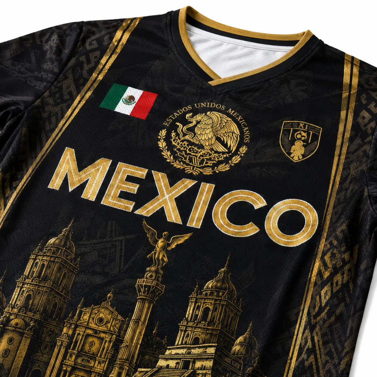 Retro Mexican 2026 Soccer Jersey for Men & Women, V-Neck Football Tee with Black Gold Aztec Eagle Print, Breathable All over Print Casual Sports Top, Jersey Shirts