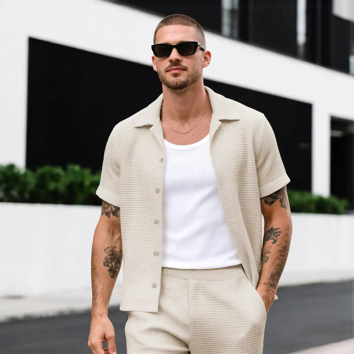 GINGTTO Men'S 2 Piece Outfits Waffle Knit Shorts Sets Summer Button down Shirt Top and Shorts Set Casual Tracksuit Fathersdaygift