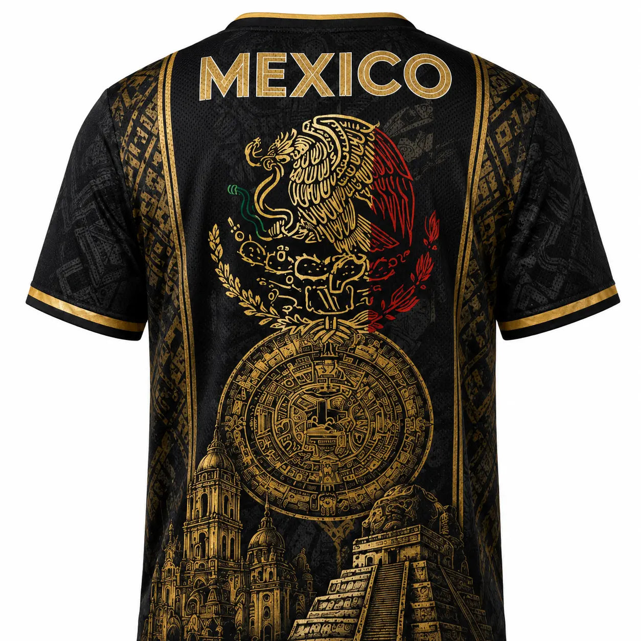 Retro Mexican 2026 Soccer Jersey for Men & Women, V-Neck Football Tee with Black Gold Aztec Eagle Print, Breathable All over Print Casual Sports Top, Jersey Shirts