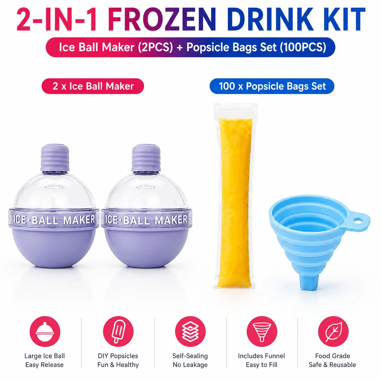 100PCS Popsicle Mold Bags - Leakproof Zip-Seal Disposable Freezer Tubes with Silicone Funnel, Kitchen Utensil for Juice, Smoothies (Kitchenware Ice Cream Gadget)