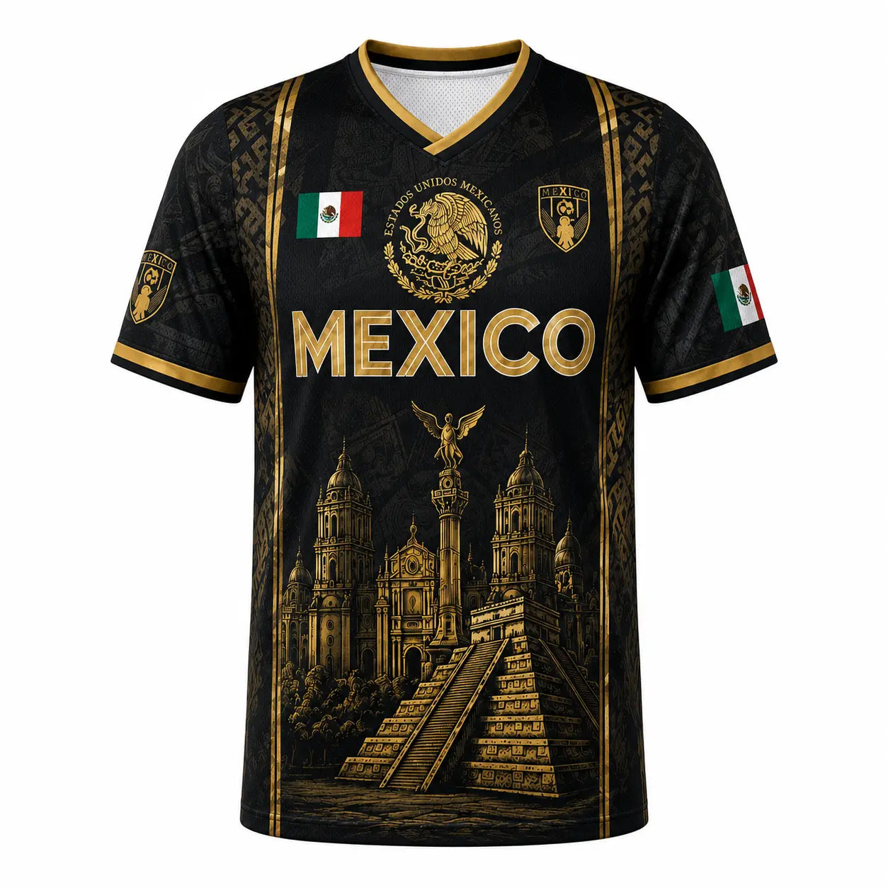 Retro Mexican 2026 Soccer Jersey for Men & Women, V-Neck Football Tee with Black Gold Aztec Eagle Print, Breathable All over Print Casual Sports Top, Jersey Shirts